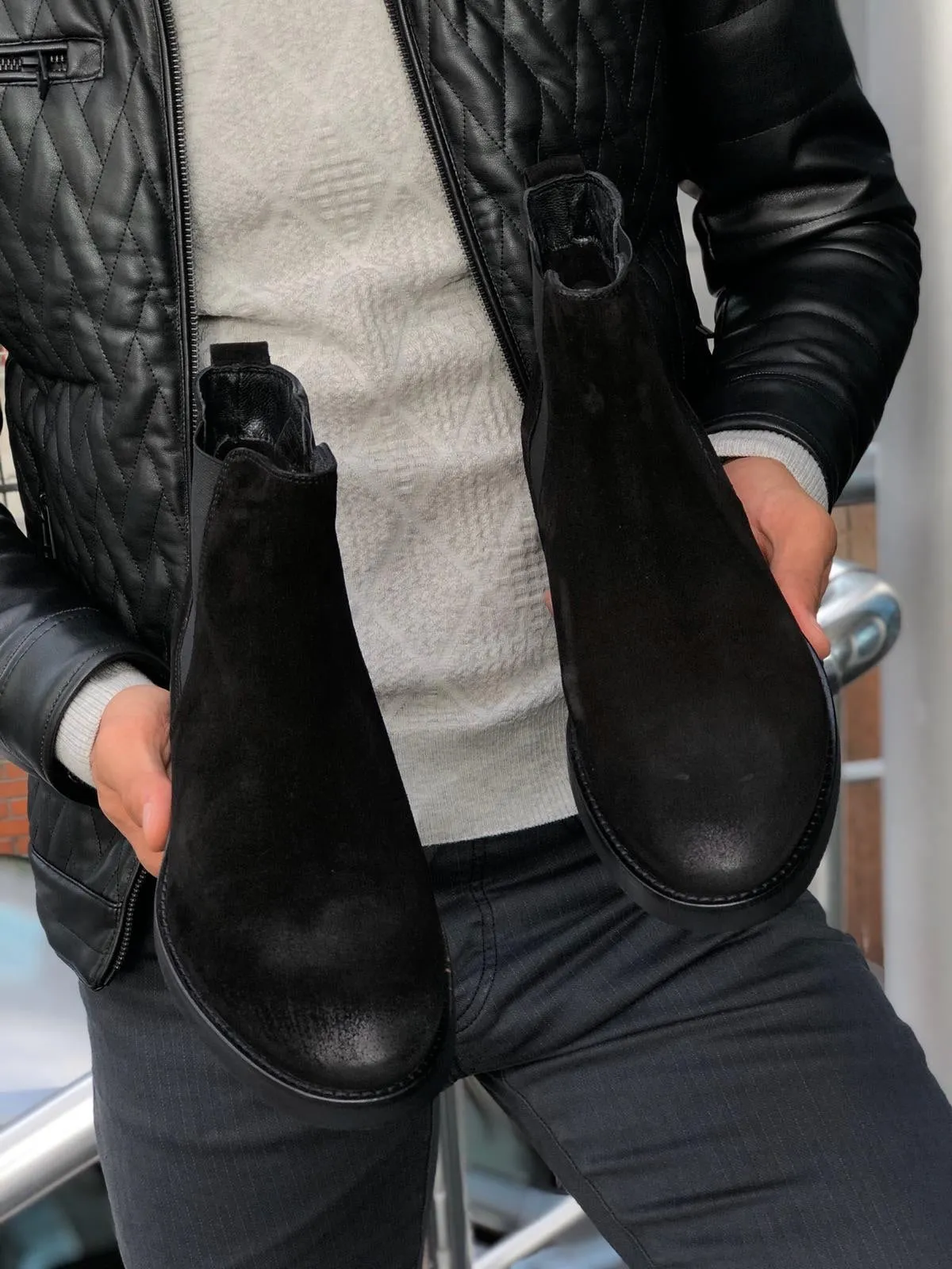 Aqua Black Suede Leather Chelsea Boots