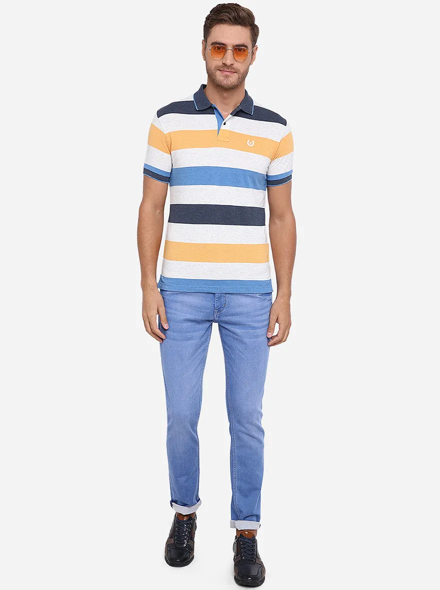 Blue & White Striped Slim Fit Polo T-Shirt | Greenfibre