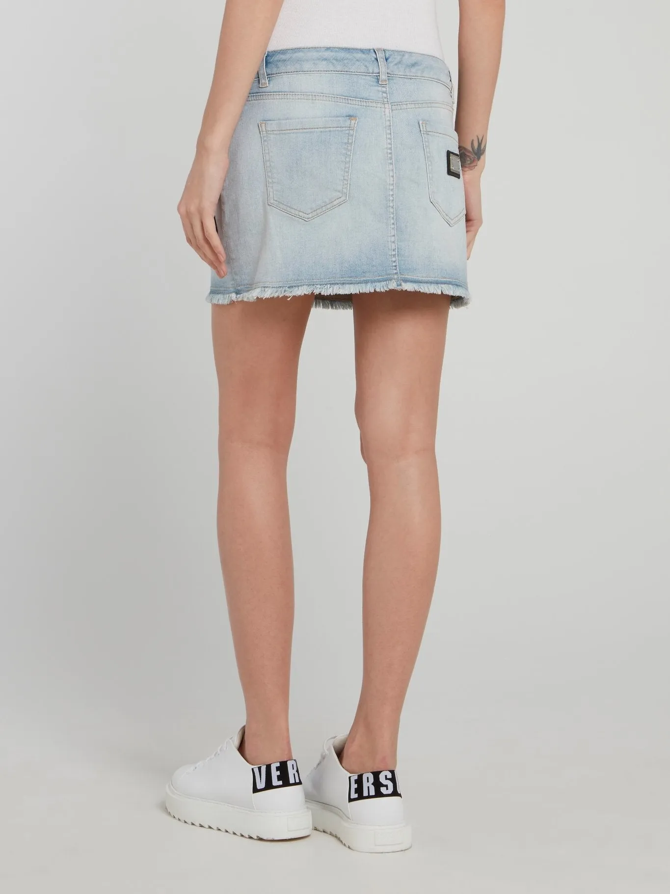 Blue Embroidered Emoji Frayed Denim Skirt