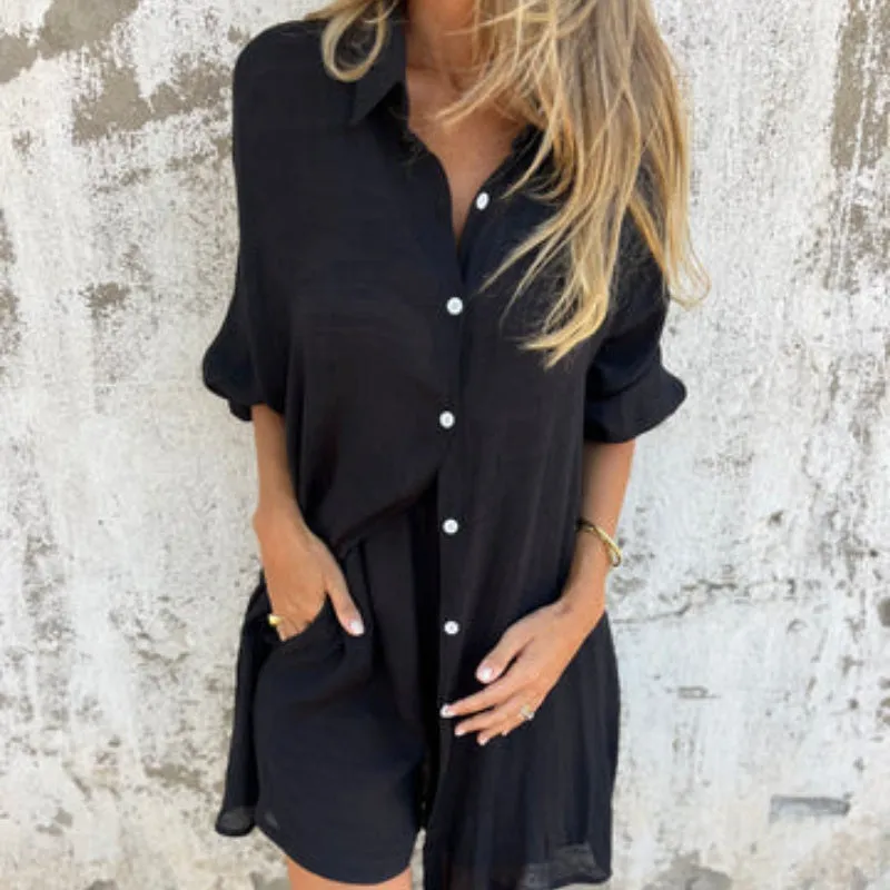 Chic Lounge Two-Piece Set – Long-Sleeve Blouse & Shorts