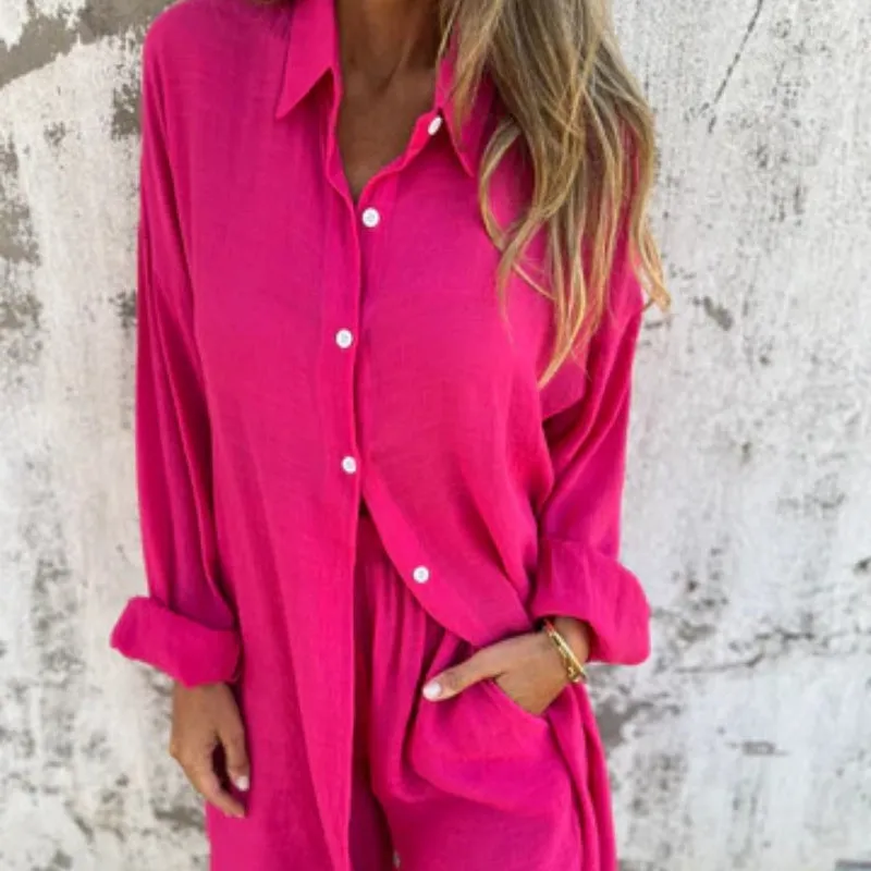 Chic Lounge Two-Piece Set – Long-Sleeve Blouse & Shorts