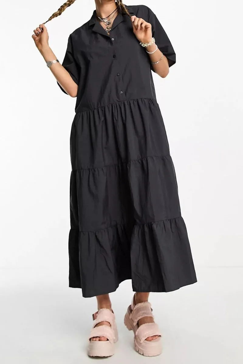 Chouyatou Women's Summer V-Neck Collared Button Down Maxi Shirt Dress Loose Fit Tiered Babydoll Tunic Dress