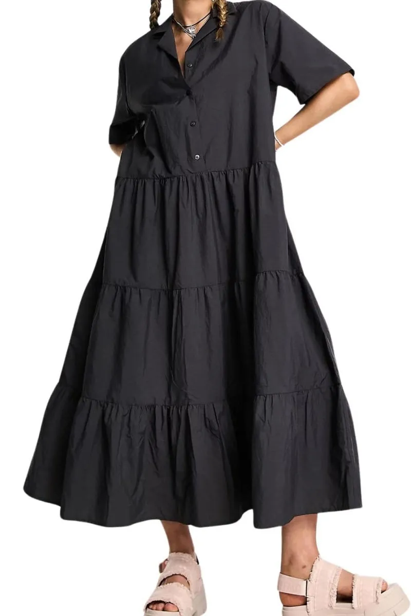 Chouyatou Women's Summer V-Neck Collared Button Down Maxi Shirt Dress Loose Fit Tiered Babydoll Tunic Dress