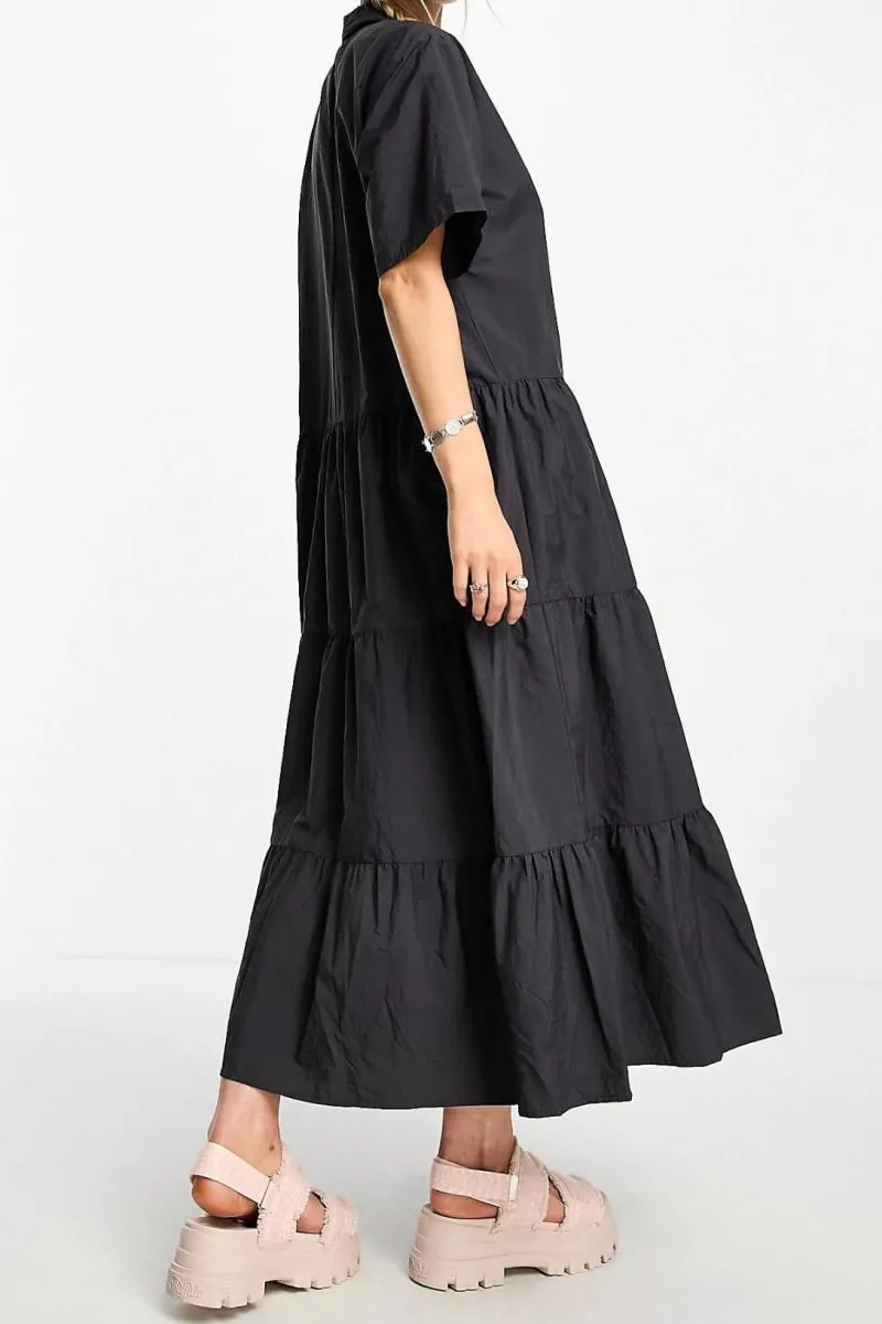 Chouyatou Women's Summer V-Neck Collared Button Down Maxi Shirt Dress Loose Fit Tiered Babydoll Tunic Dress