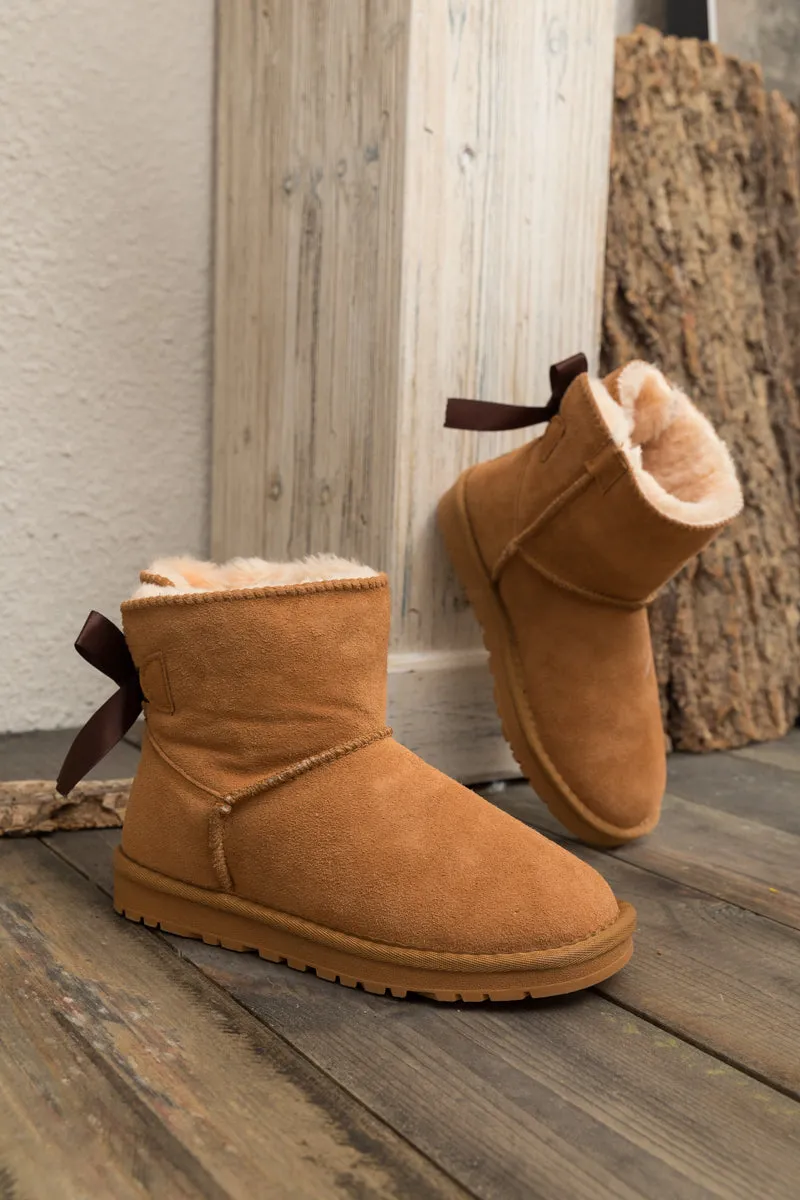 Classic Ribbon Bow-Back Faux Fur-Lined Mini Boots