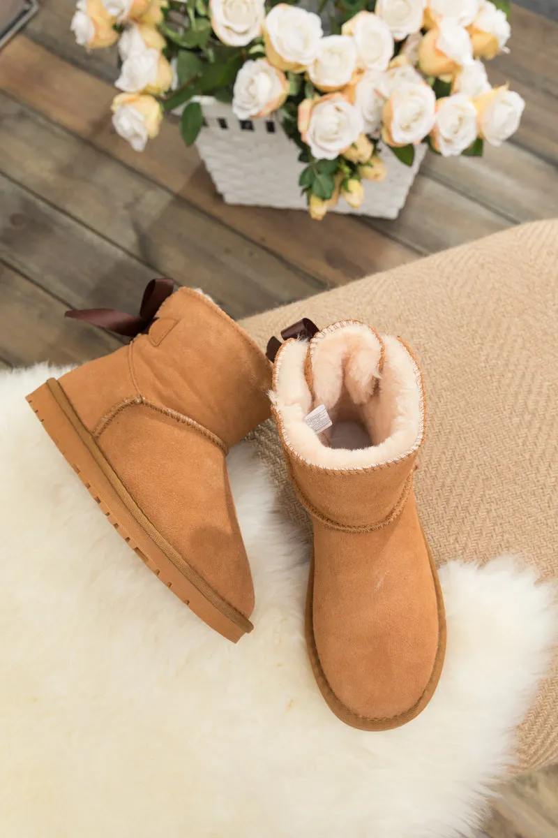 Classic Ribbon Bow-Back Faux Fur-Lined Mini Boots