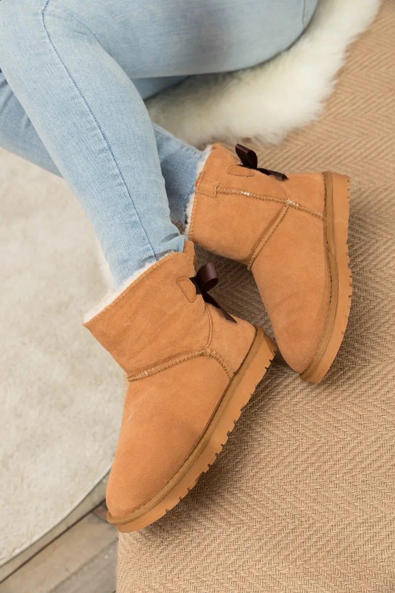 Classic Ribbon Bow-Back Faux Fur-Lined Mini Boots