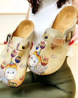 Colored Owls and Rainbow Winged Unicorn Patterned Clogs - CAL360