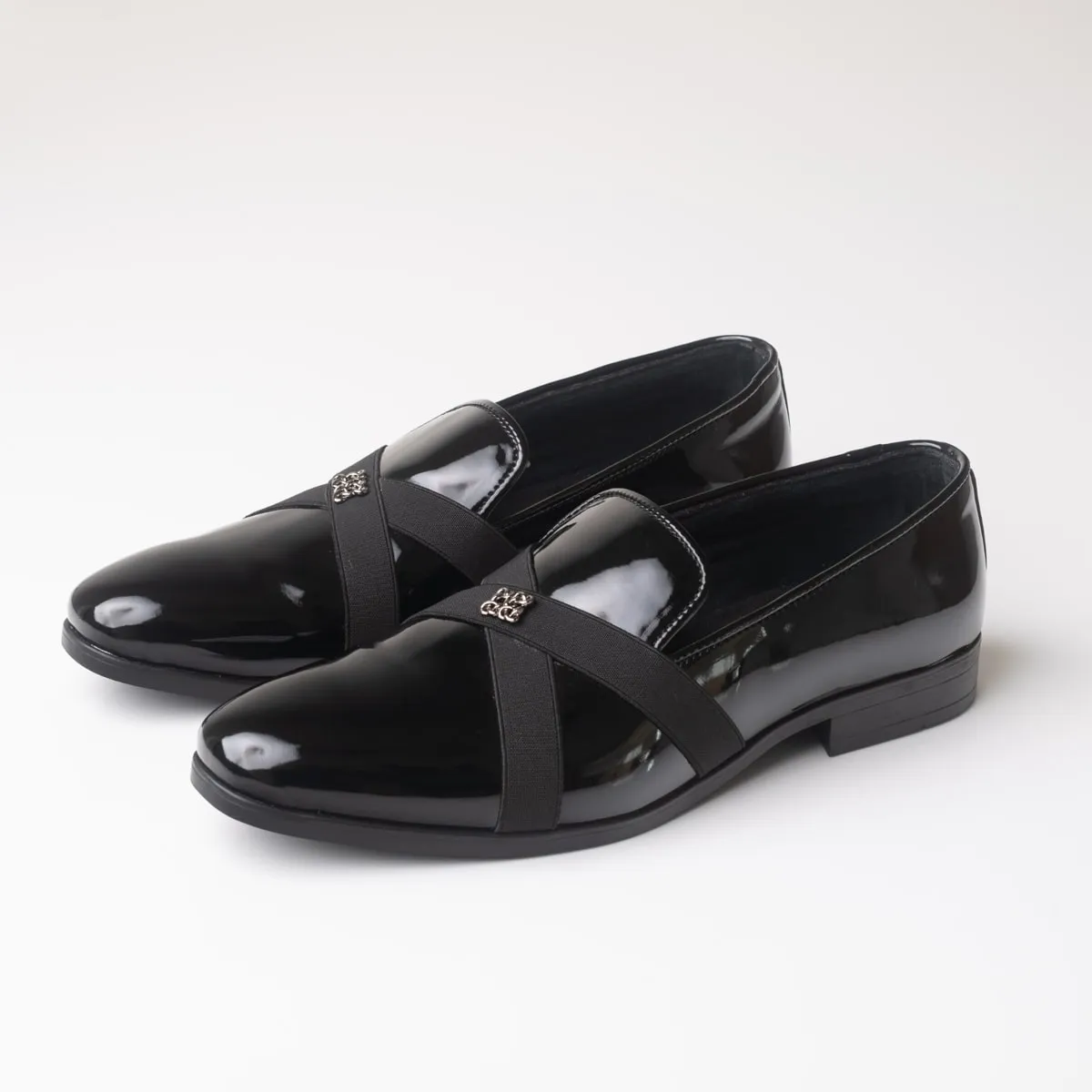 Crossband Shiny Black Leather Loafers
