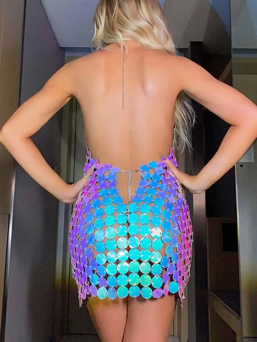 Disco Halterneck Backless Blue Sequin Mini Dress