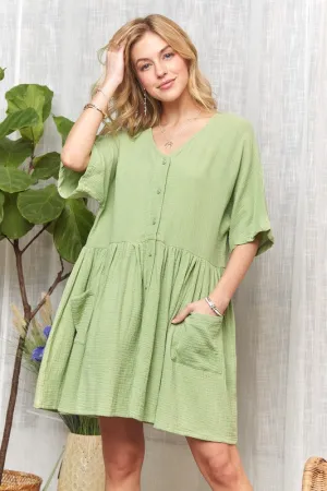 Dusty Green V-Neck Half Sleeve Dress with Pockets