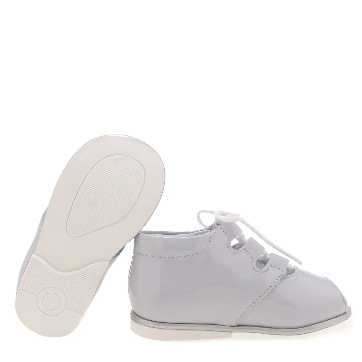 Emel Ice Gray Patent Lace-Up Peep Toe Sandal