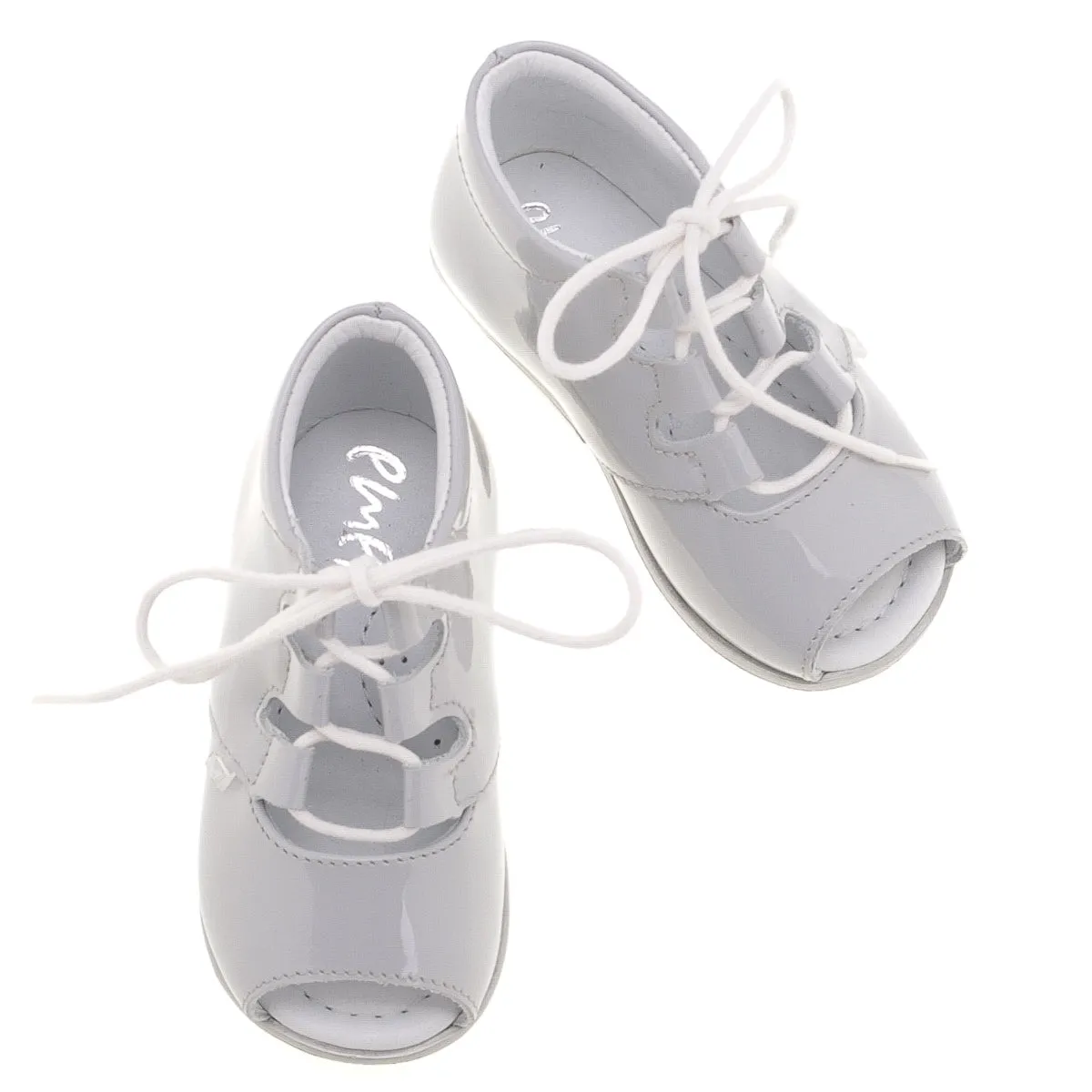 Emel Ice Gray Patent Lace-Up Peep Toe Sandal