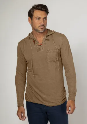 Jersey Linen Long Sleeve Hoodie With Pocket & Wooden Fasteners