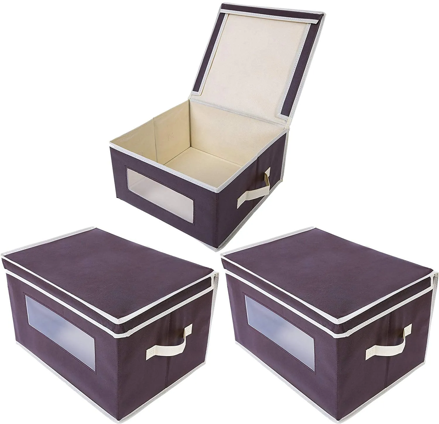 Juvale Storage Bins - 3-Pack Foldable Storage Cubes, Decorative Fabric Storage Bins with Lids and Clear Windows, Household Organization, Closet, Office Supplies, Brown, 16.25 x 12 x 10 Inches