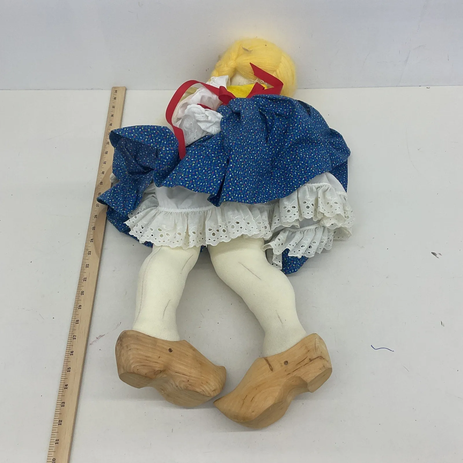 Large Handmade Dutch Holland Wooden Clogs Blonde Girl Soft Plush Doll Preowned