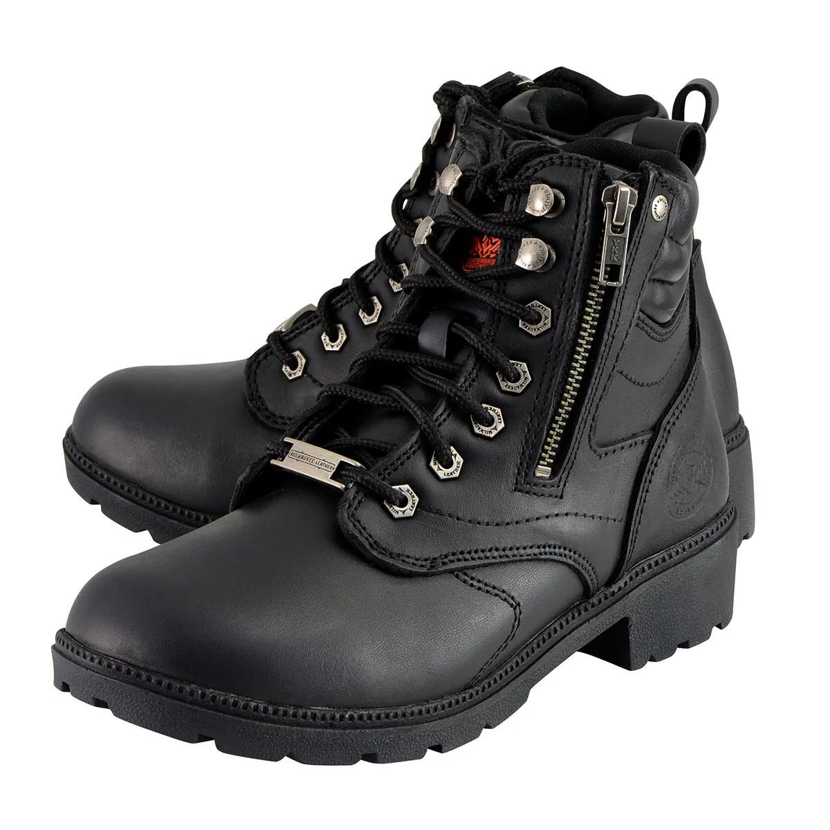 MBL9320 Women's Black Leather Lace-Up Moto Boots with Side Zipper