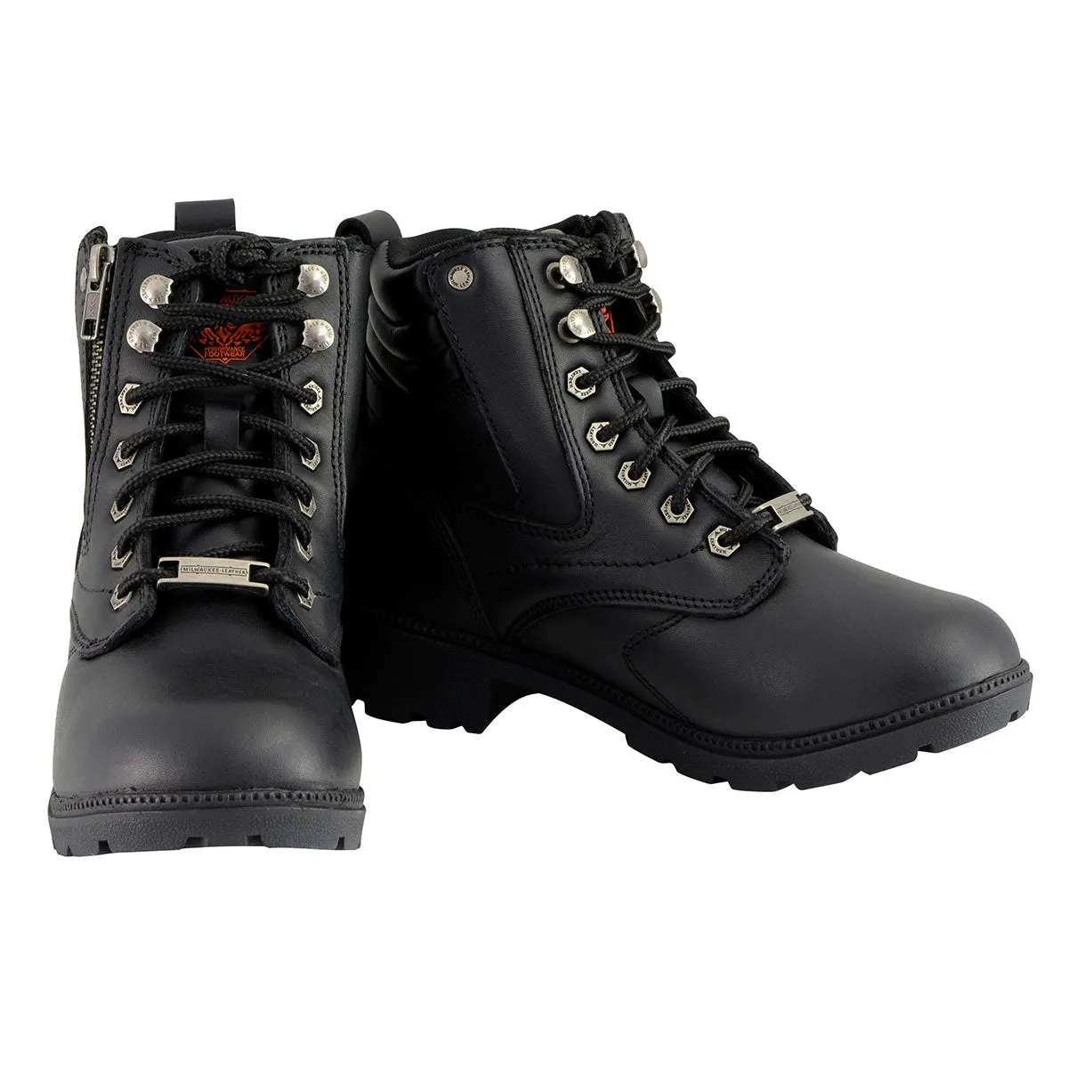 MBL9320 Women's Black Leather Lace-Up Moto Boots with Side Zipper