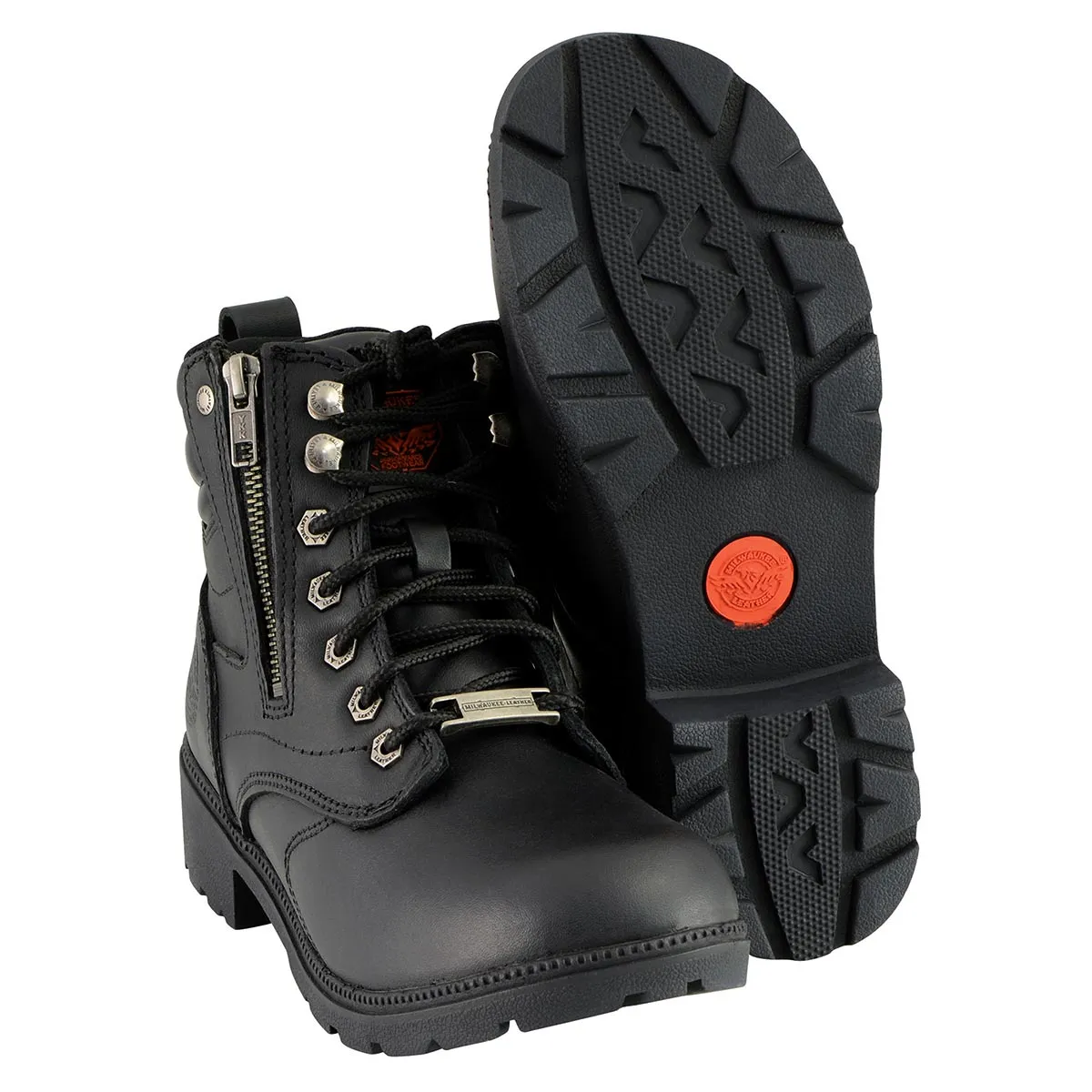 MBL9320 Women's Black Leather Lace-Up Moto Boots with Side Zipper