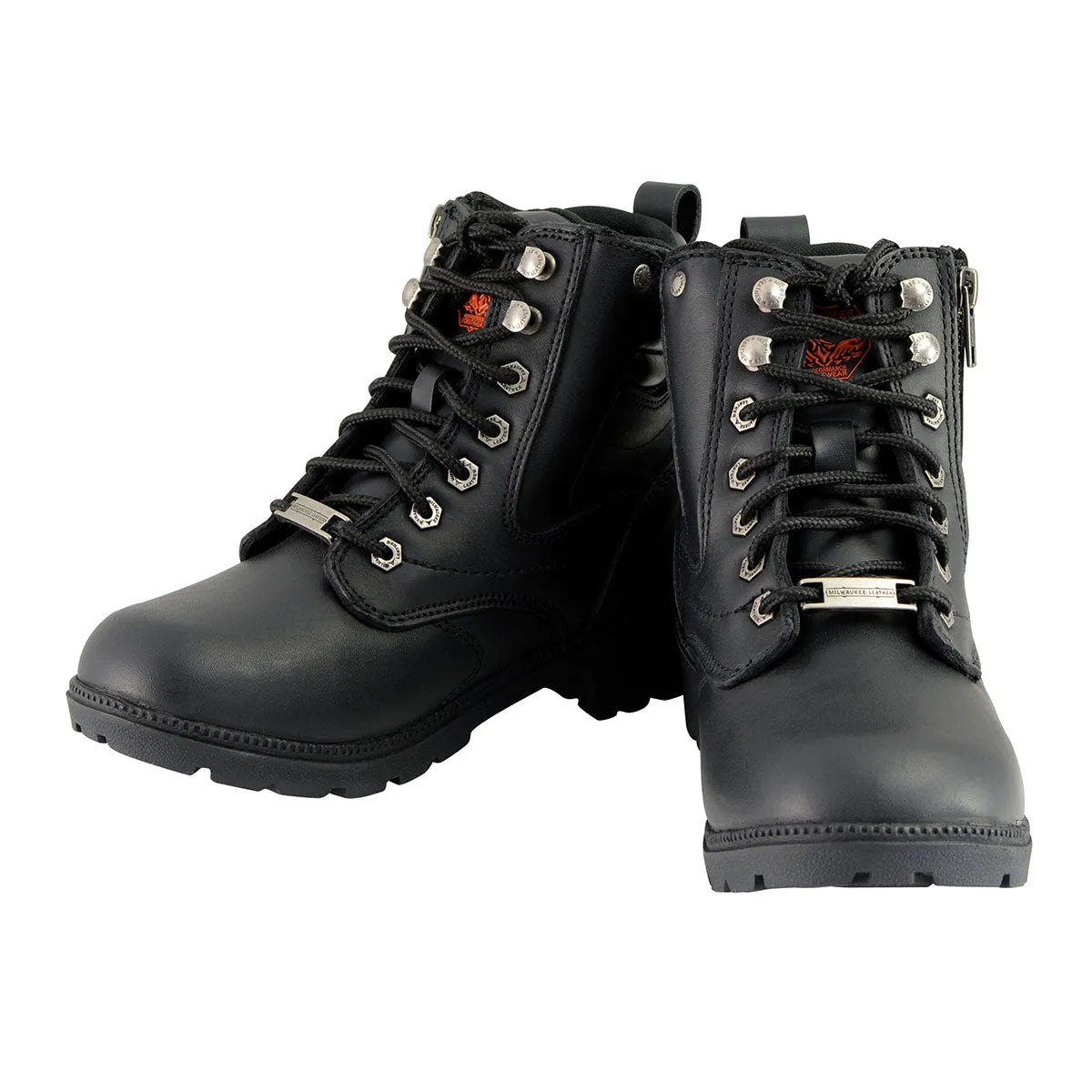 MBL9320 Women's Black Leather Lace-Up Moto Boots with Side Zipper