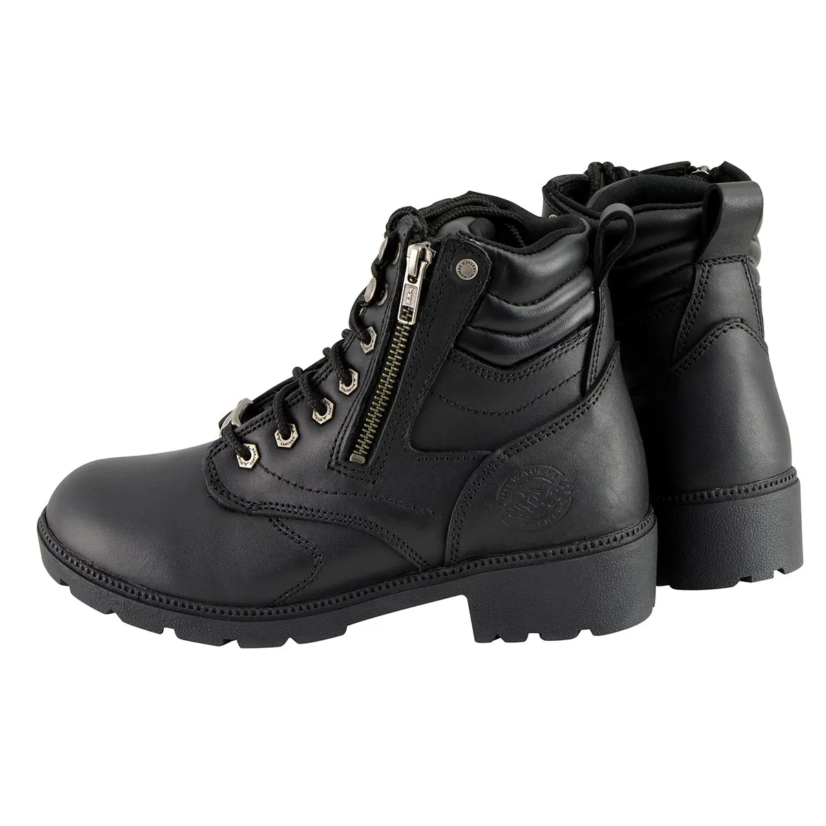 MBL9320 Women's Black Leather Lace-Up Moto Boots with Side Zipper