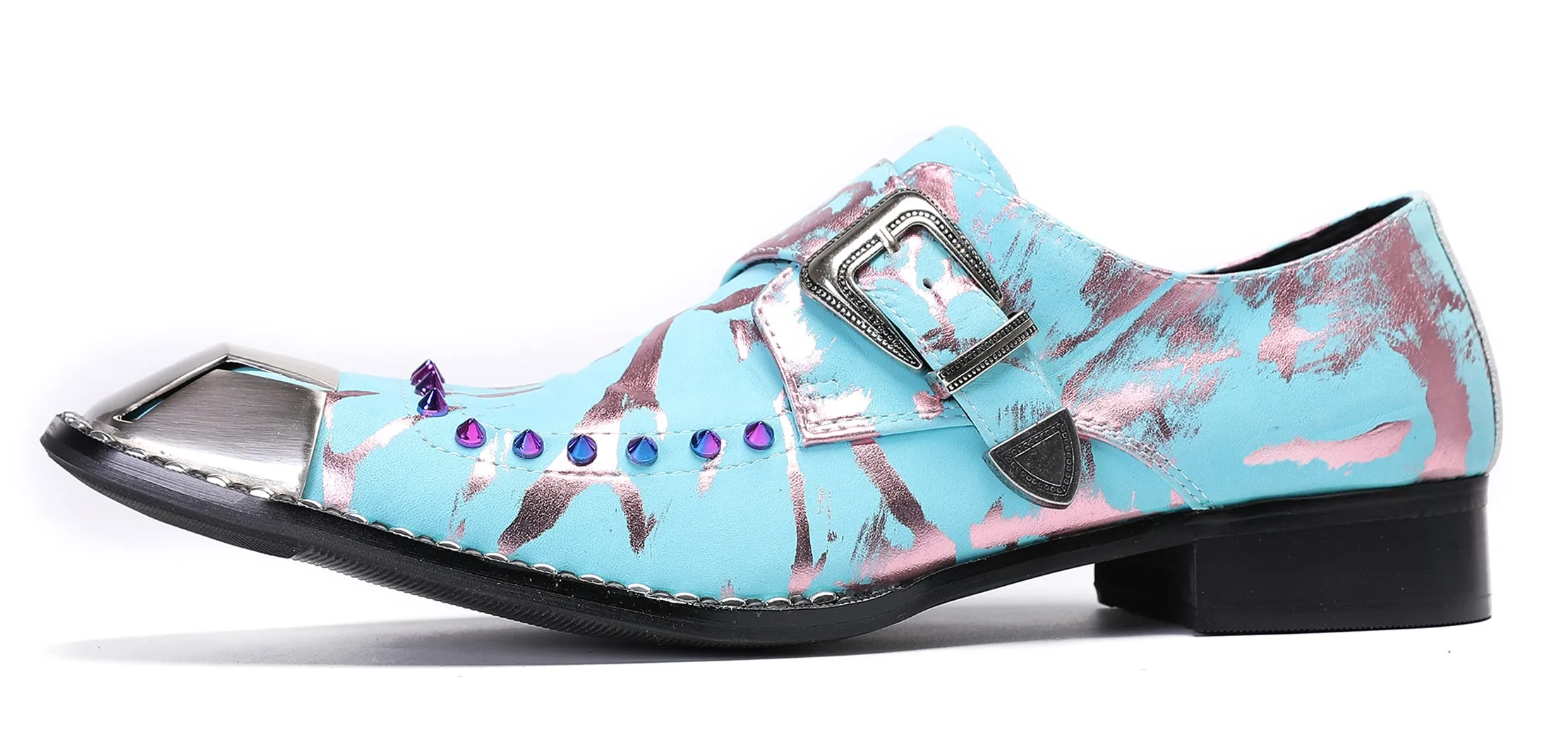 Mens Metal Sqaure Toe Monk Strap Western Loafers