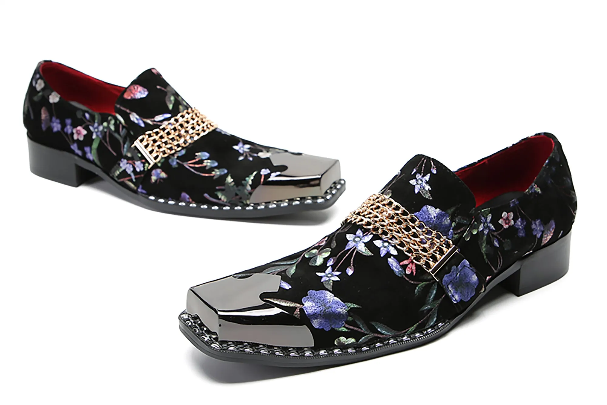 Men's Metal-Square Toe Flowers Western Penny Loafers