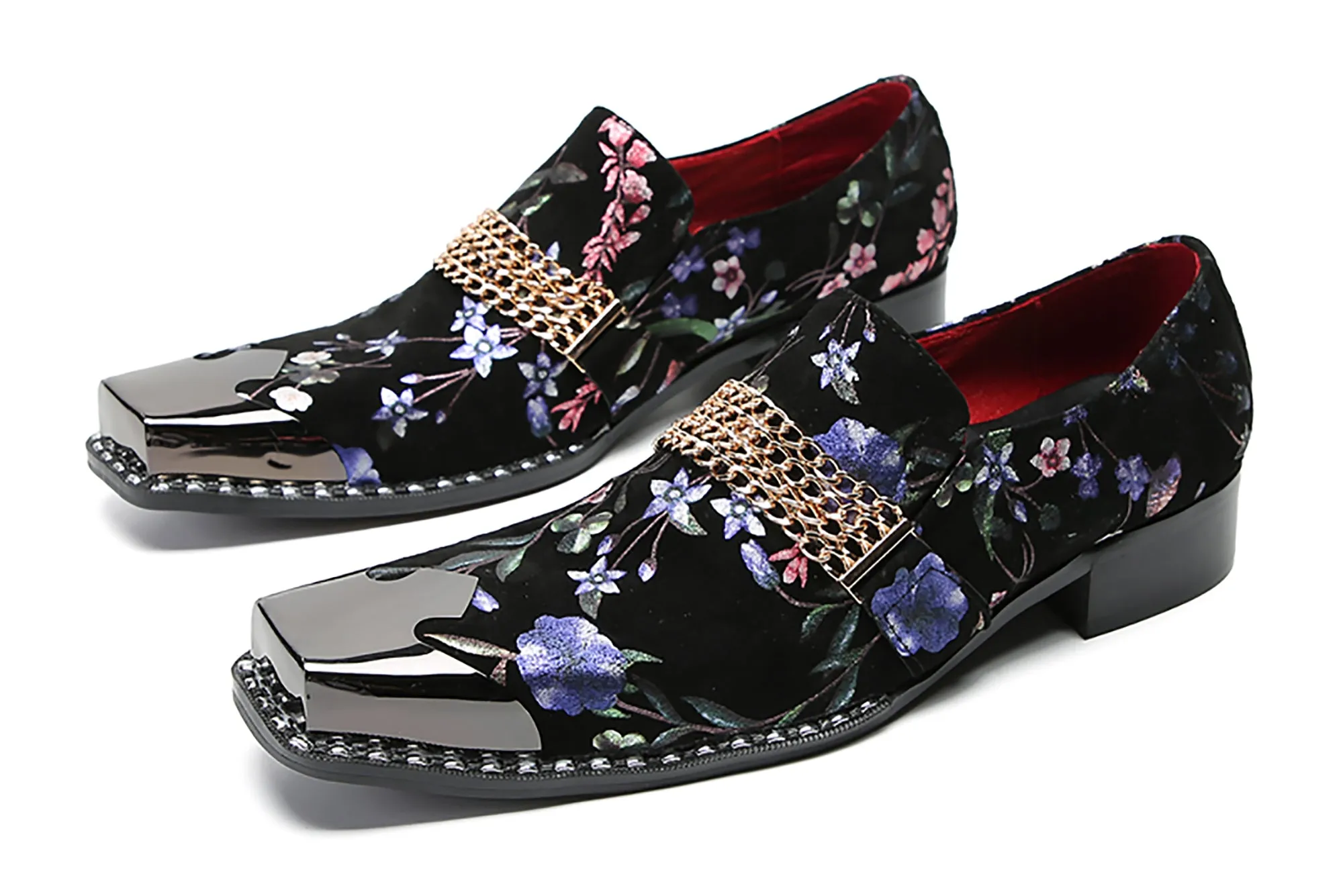Men's Metal-Square Toe Flowers Western Penny Loafers
