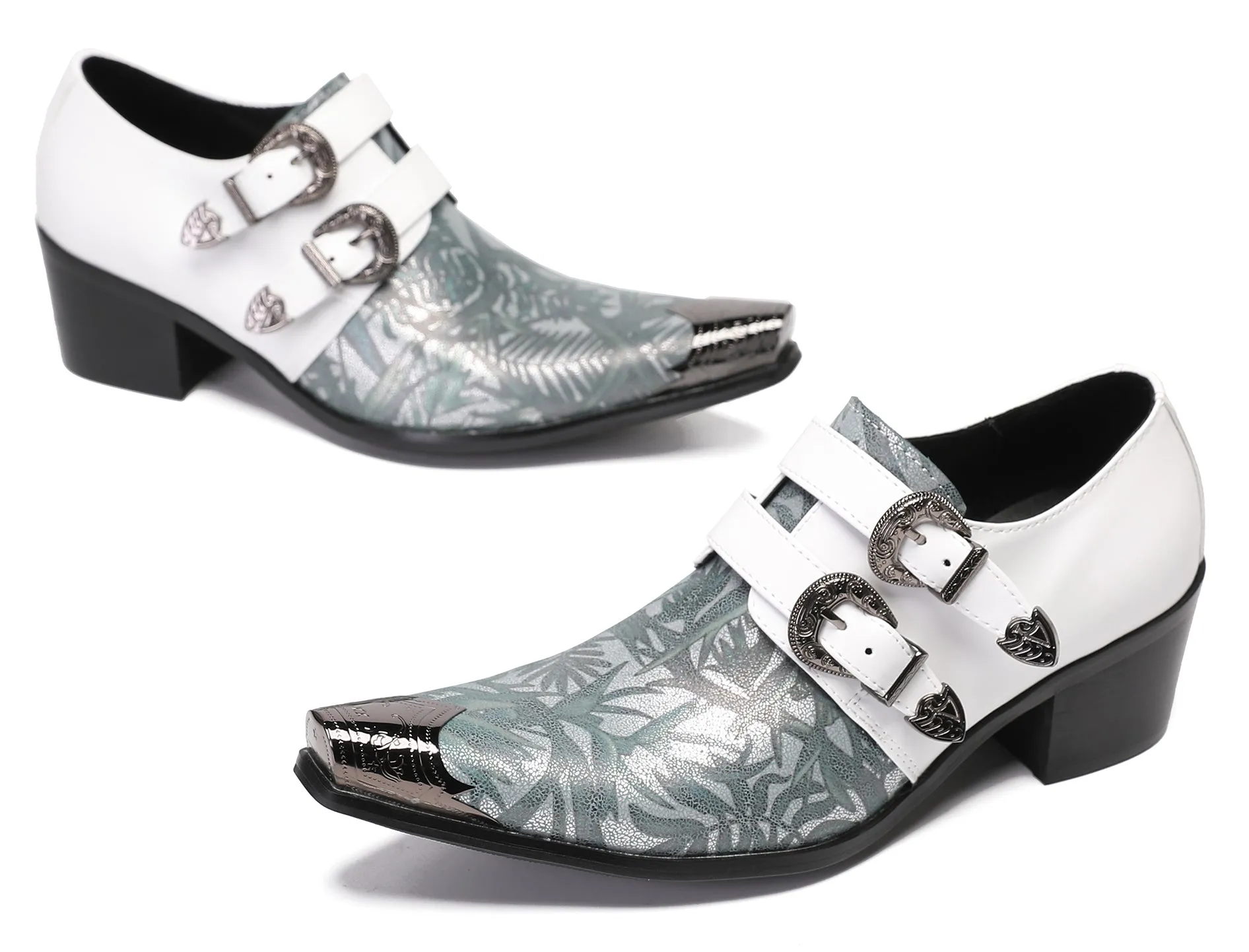 Mens White Dress Double Buckle Western Loafers