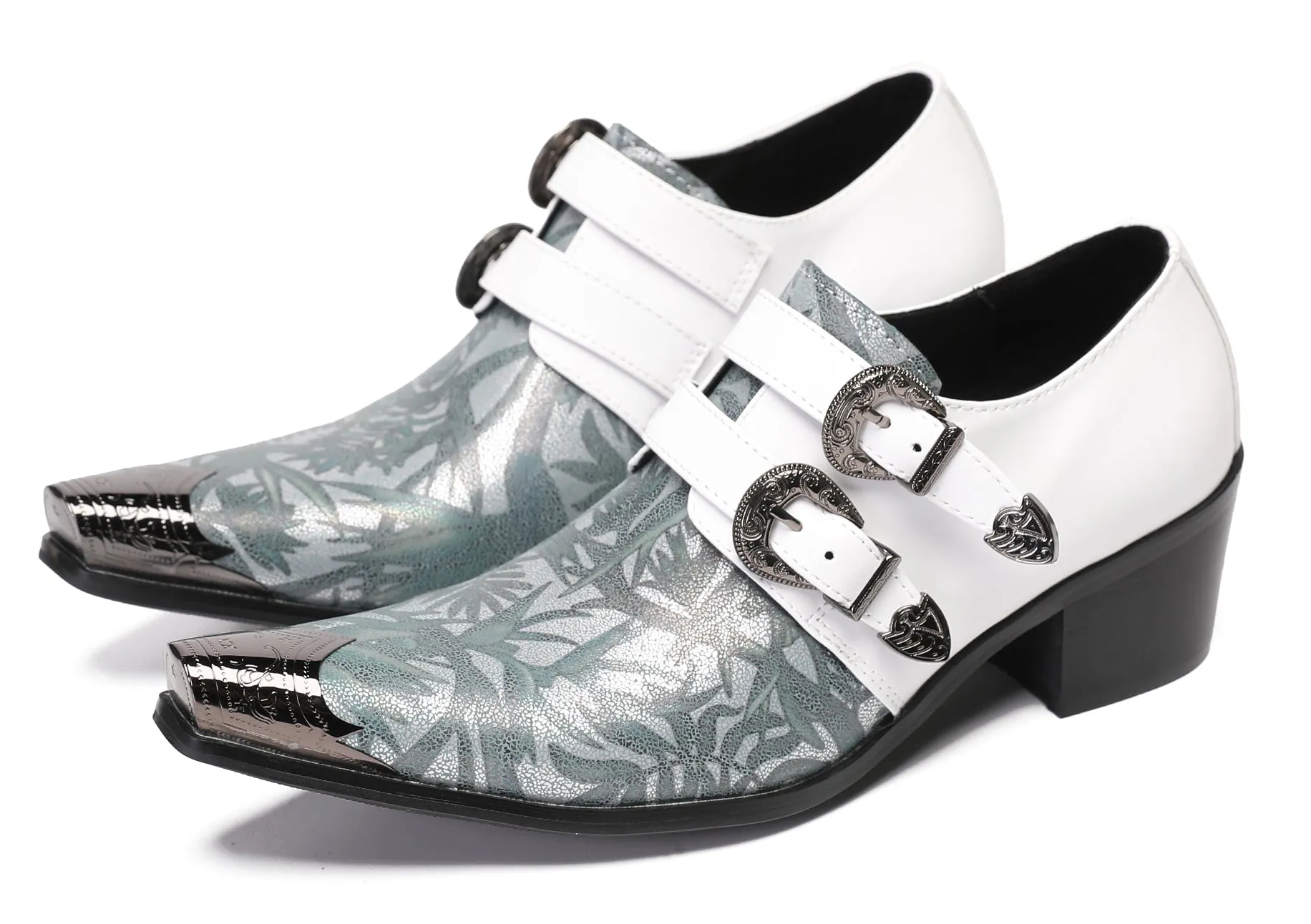 Mens White Dress Double Buckle Western Loafers