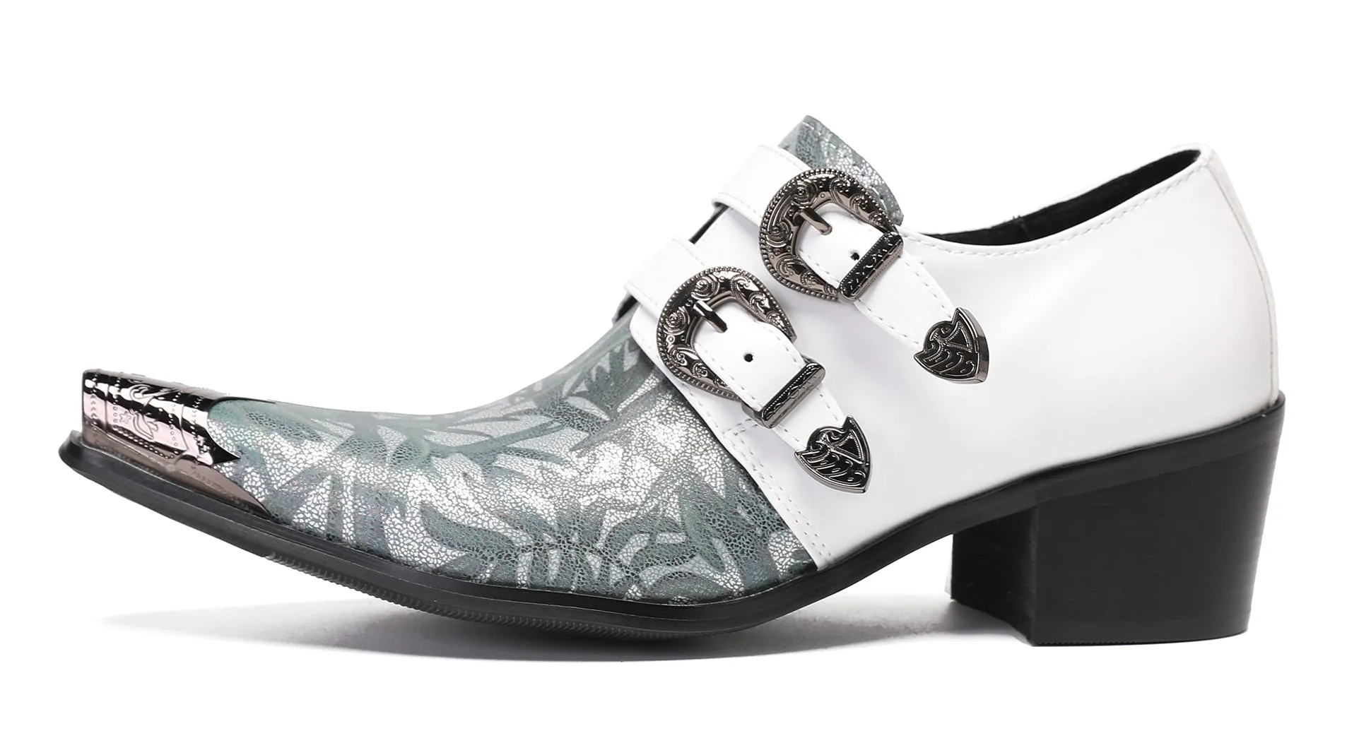 Mens White Dress Double Buckle Western Loafers