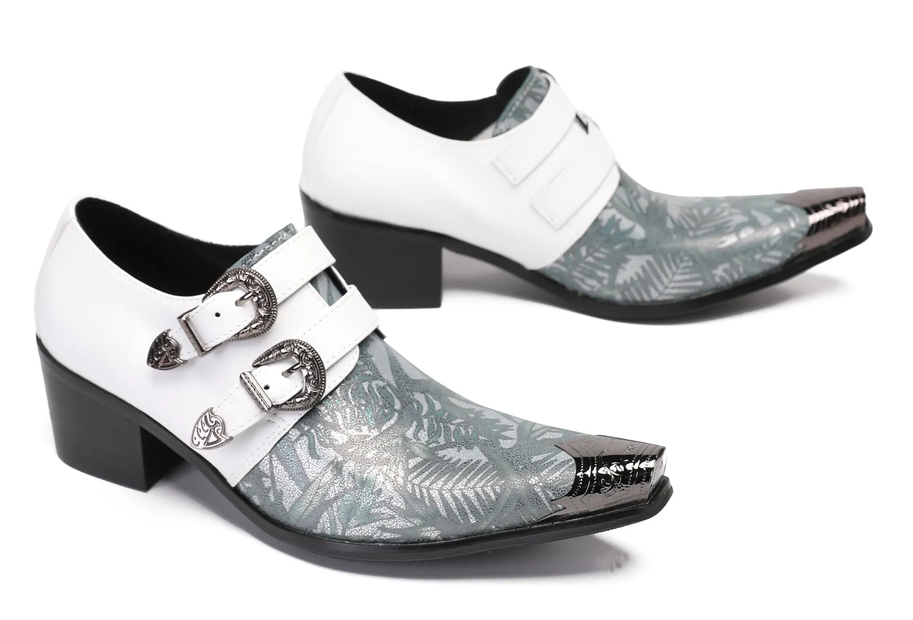Mens White Dress Double Buckle Western Loafers