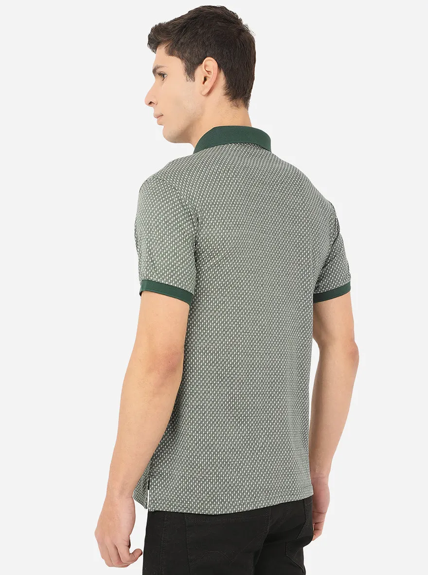 Olive Green Printed Slim Fit Polo T-Shirt | JadeBlue