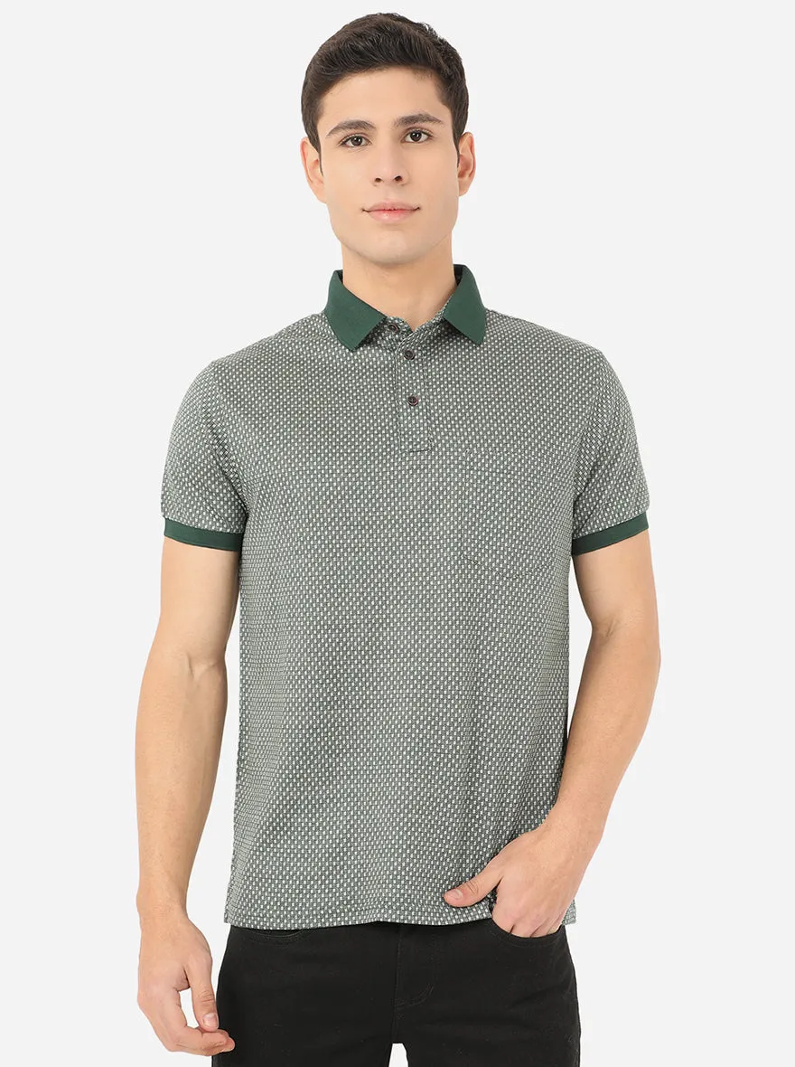Olive Green Printed Slim Fit Polo T-Shirt | JadeBlue