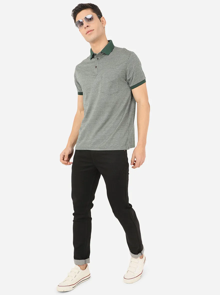 Olive Green Printed Slim Fit Polo T-Shirt | JadeBlue