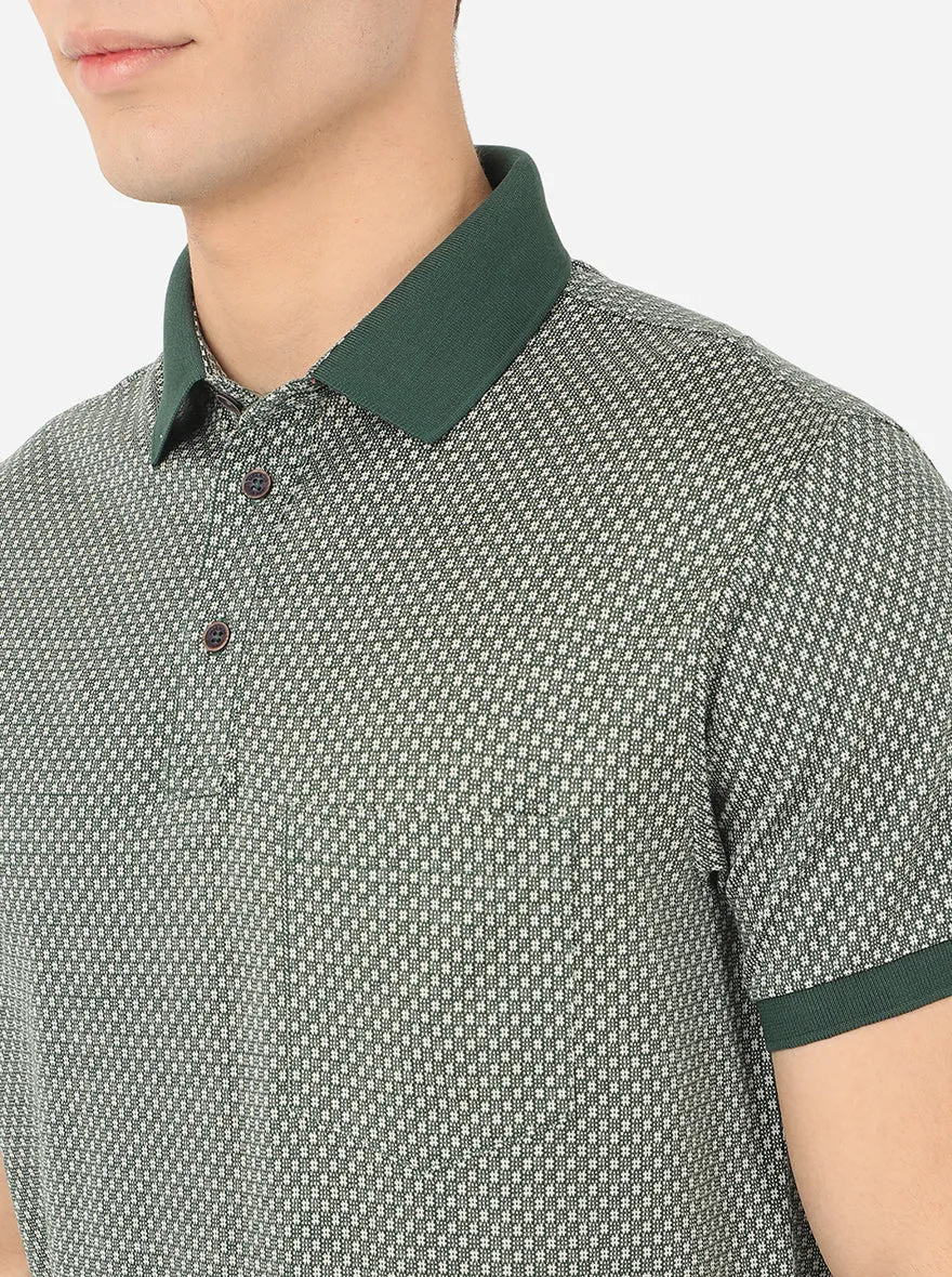 Olive Green Printed Slim Fit Polo T-Shirt | JadeBlue