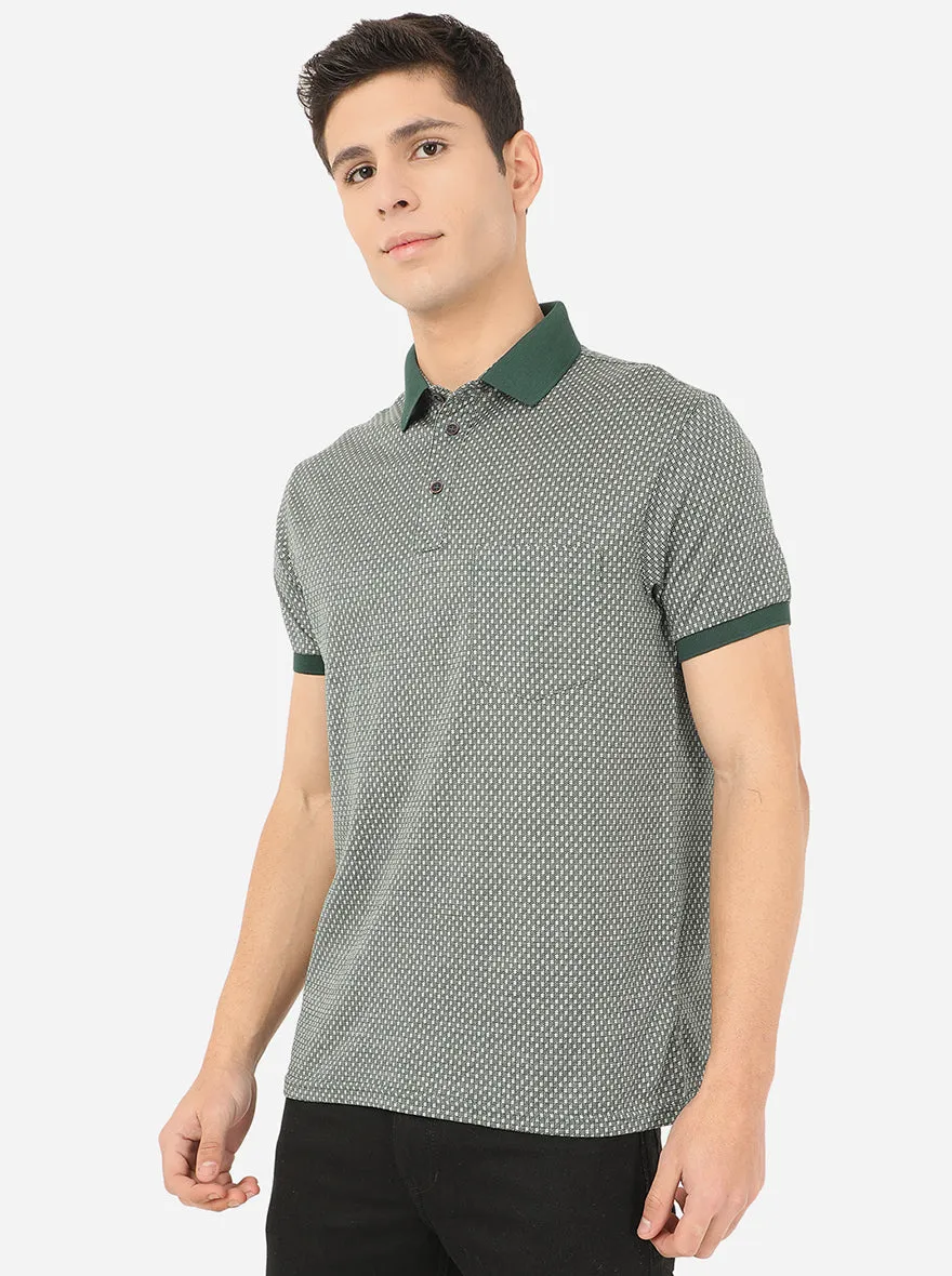 Olive Green Printed Slim Fit Polo T-Shirt | JadeBlue