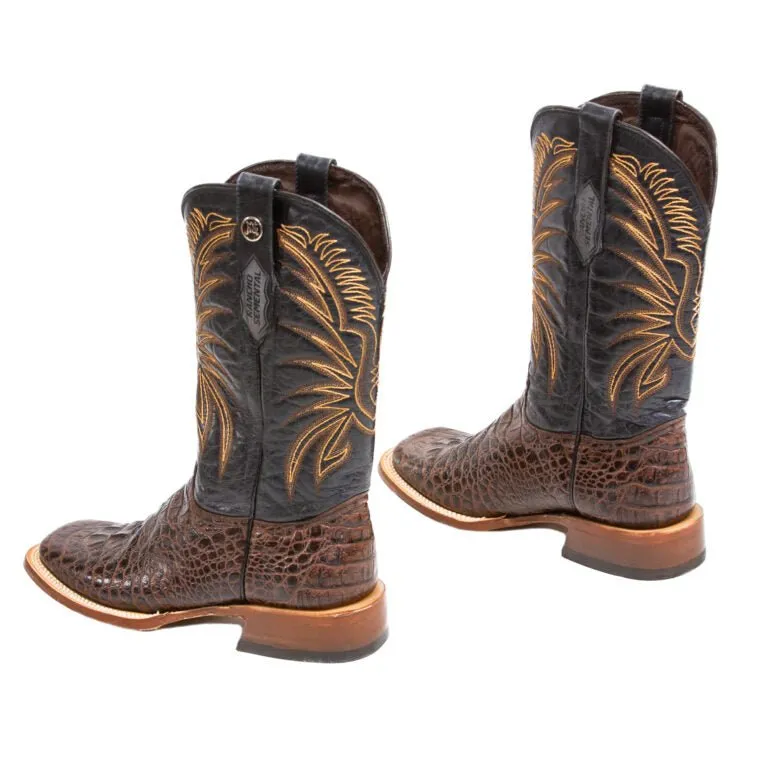 RANCHO SEMENTAL MEN’S Caiman Hornback Print Brown Western Boots Whit Black Top Triple Stitch