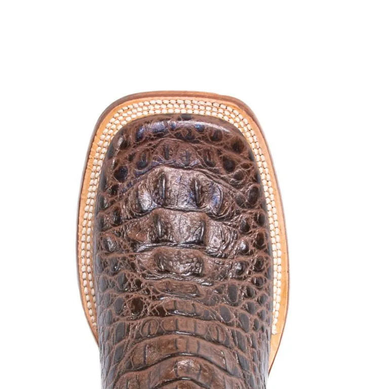 RANCHO SEMENTAL MEN’S Caiman Hornback Print Brown Western Boots Whit Black Top Triple Stitch