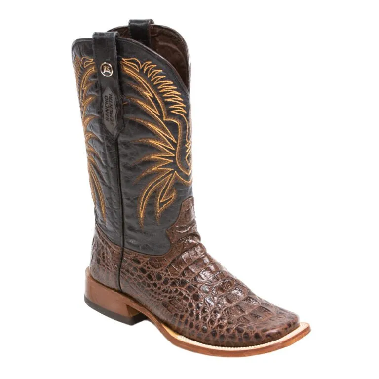 RANCHO SEMENTAL MEN’S Caiman Hornback Print Brown Western Boots Whit Black Top Triple Stitch