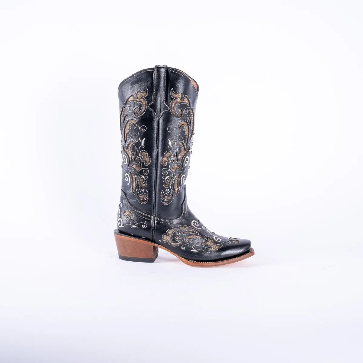 TANNER MARK WOMEN’S Venice Black Classic Black Cowgirl Boots With Gold Sparkle Inlay Top