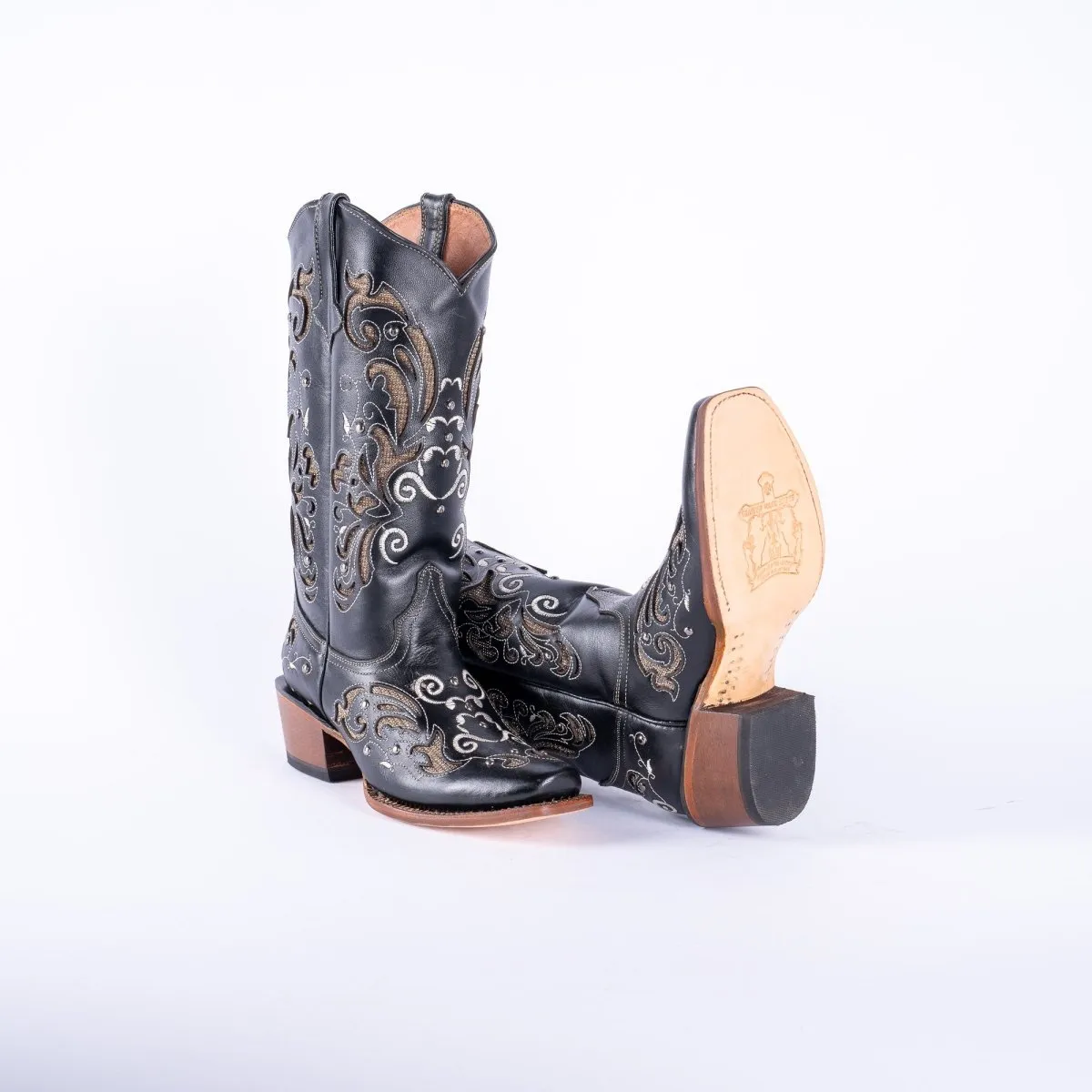 TANNER MARK WOMEN’S Venice Black Classic Black Cowgirl Boots With Gold Sparkle Inlay Top