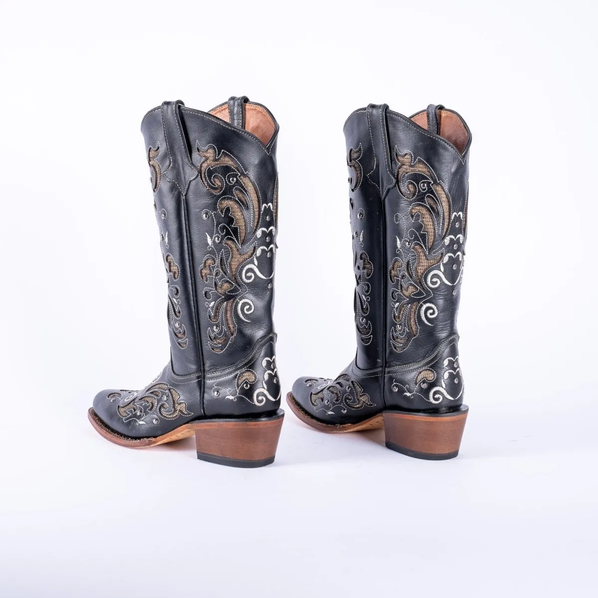 TANNER MARK WOMEN’S Venice Black Classic Black Cowgirl Boots With Gold Sparkle Inlay Top