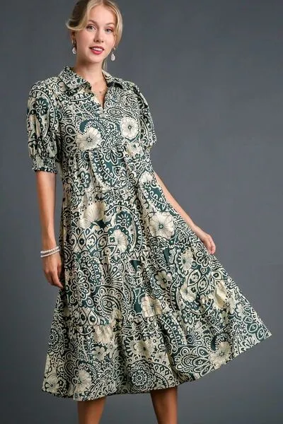 Turquoise Printed Smocked Cuff Puff Sleeve Midi Dress
