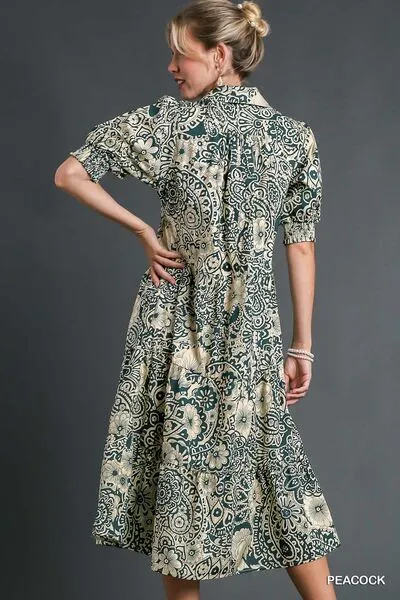 Turquoise Printed Smocked Cuff Puff Sleeve Midi Dress