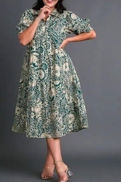 Turquoise Printed Smocked Cuff Puff Sleeve Midi Dress